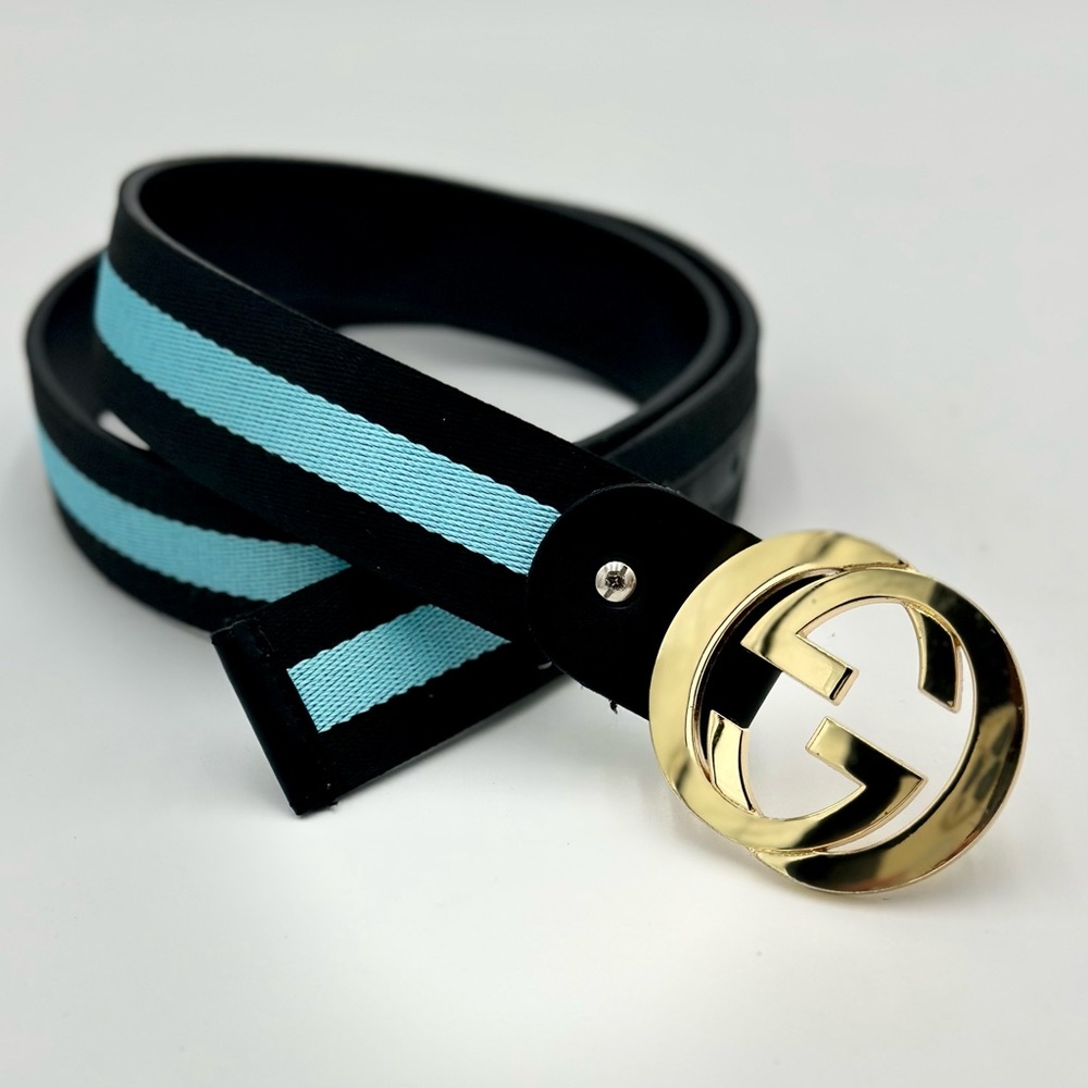 AuthentIc Men’s XL GUCCI 43” Gold Logo Teal & Black Belt #121282 3959•80•82